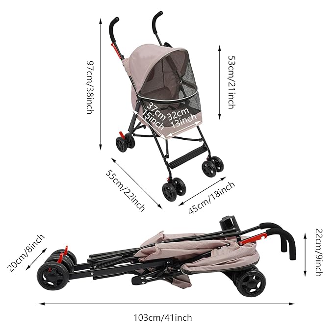 Pet Travel Stroller 22 * 18 * 38in, Pet Stroller Made of Oxford Cloth, Spray Molding Foldable,Small Dog Cat Cage Jogger Travel Carrier Breathable and Visible 22 Lbs Capacity(Pink)