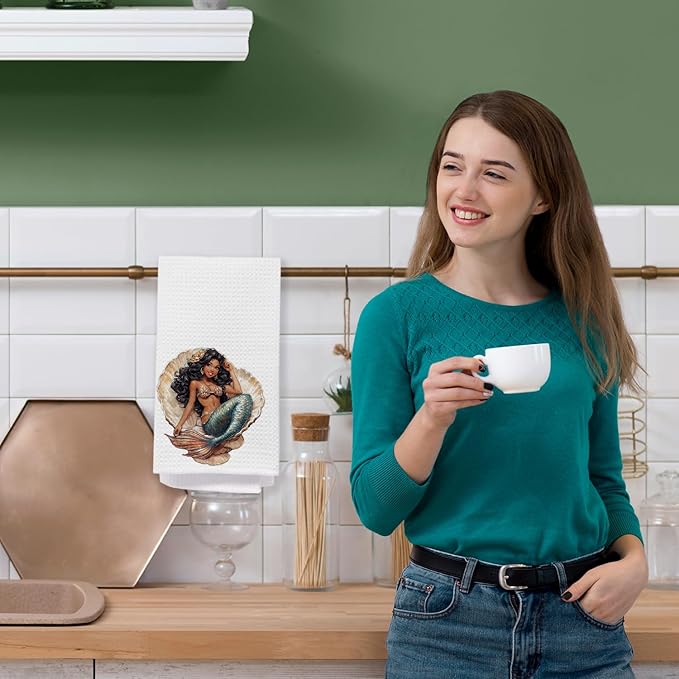 Black Mermaid Bathroom Hand Towels, Mermaid Girls Kids Bathroom Decor and Accessories, Coastal Beach Kitchen Towels, Nautical Dish Tea Towel for Kitchen, 16x24 Inch