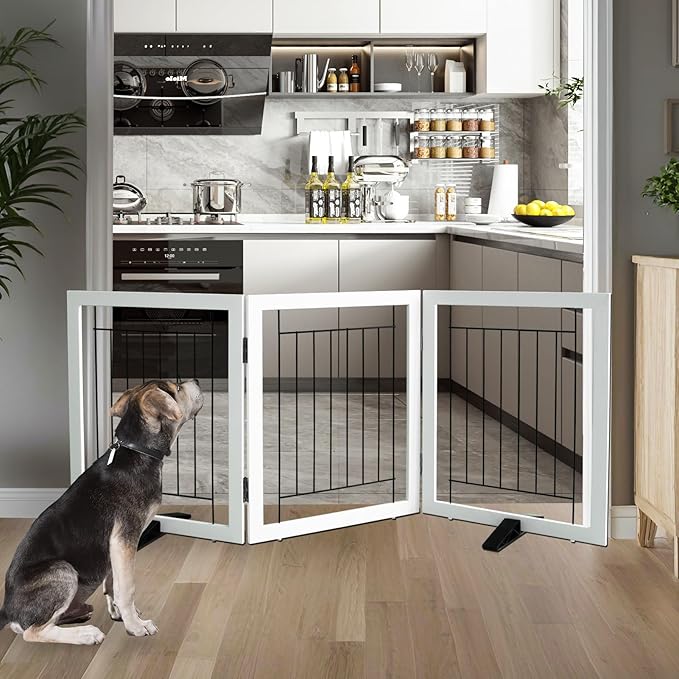 ZJSF Freestanding Dog Gate Indoor, Foldable Dog Fence for Doorways,Hallways or Stairs, Sturdy Wood Extra Wide Pet Gate with Support Feet,White,24 "Height-3 Panels