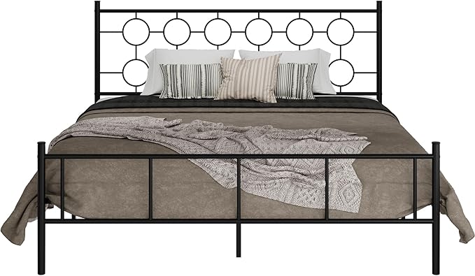 King Size Classic Metal Platform Bed Frame with Headboard and Footboard, Victorian Style Iron Bedframe with 12 inch of Storage Under Frame, Slat Support, No Springs Required, Easy to Assemble (Black)