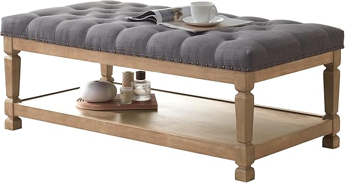 48" Ottoman Coffee Table with Storage, Rectangle Coffee Tables for Living Room, Fabric Tufted Ottomans, Upholstered Storage Ottoman Bench for Bedroom, Entryway (Grey)