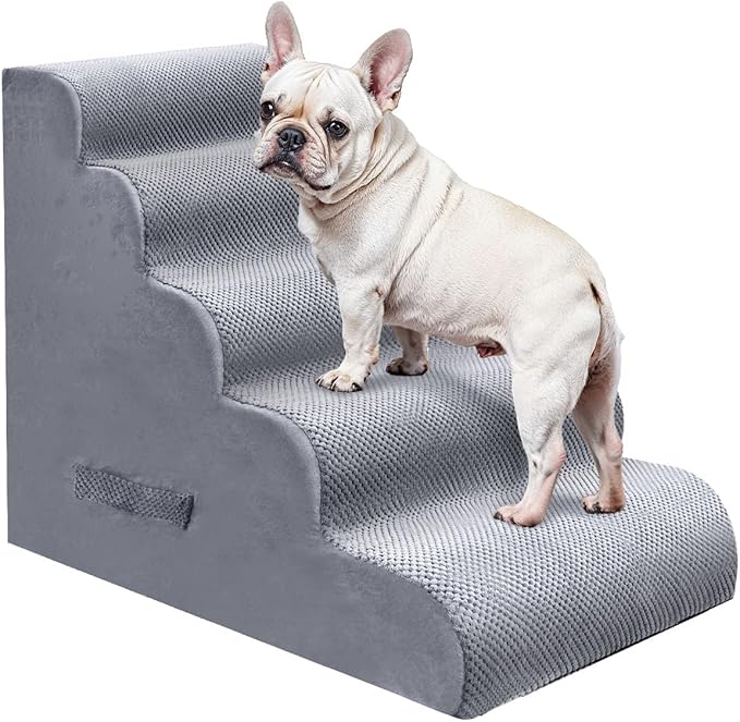PAWSCART Dog Stairs for Small Pets, 22.8" H with 30D Material Soft Foam, Portable Ramp Non-Slip Surface Non-Slip for Couch and High Bed Climbing, 5-Step Stairs for Cat or Dog, LightGrey