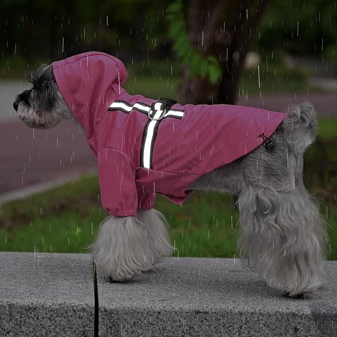 PUPTECK Dog Raincoat with Hood & Harness Built-in, Waterproof Dog Rain Jacket Slicker Poncho Reflective Vest Clothes for Rainy Snowy Winter Cold Days, Fuschia M