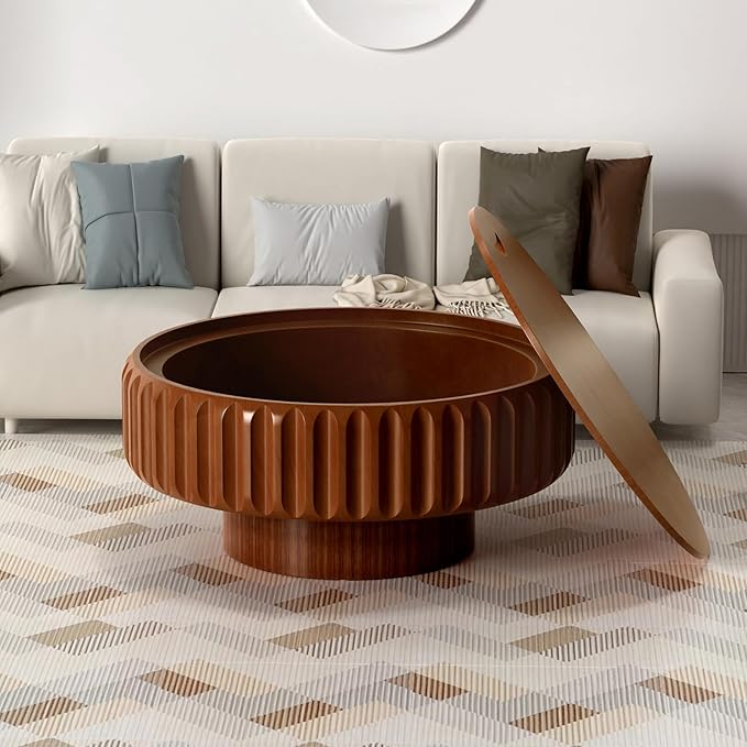 31.5" Drum Coffee Table with Storage Modern Unique Fluted Tea Table Contemporary Wood Round Coffee Table Center Table for Living Room Apartment (brown-31.5in)