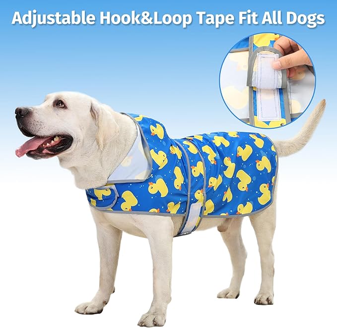 Dog Rain Coat for Large Dogs Waterproof Hooded Rain Jacket with Reflective Strips Leash Hole & Poncho Adjustable Fit (ShinyDuck,XL)