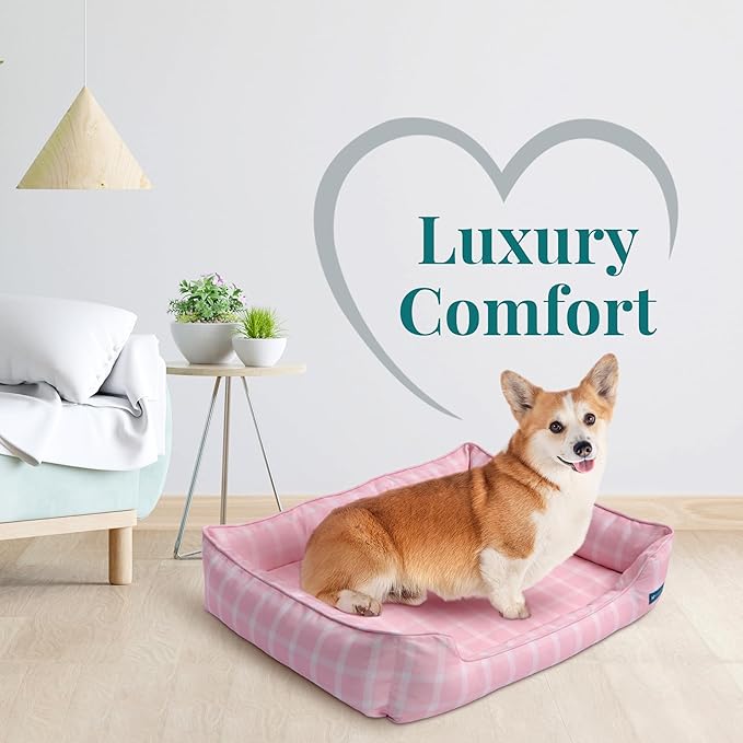 Orthopedic Bolster Dog Bed β CertiPUR-US Foam, Recycled Polyester Canvas, Washable Cover, Anti-Slip Bottom, Small, Pink Check β Stylish Designer Dog Sofa