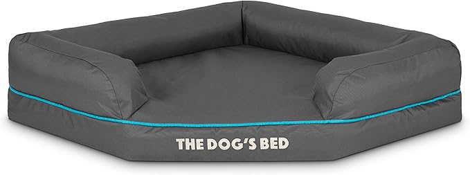 The Dog’s Bed Memory Foam Waterproof Corner Dog Bed, Medium, Grey & Blue Trim, Eases Arthritis & Hip Dysplasia Pain, Therapeutic & Supportive, Washable Oxford Fabric Cover