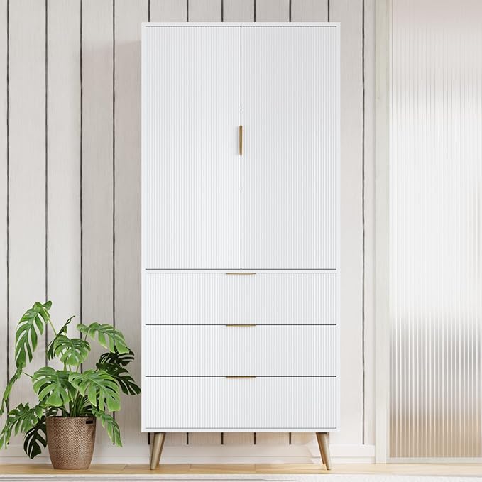Tall Storage Cabinet, Kitchen Pantry Cabinet with Adjustable Shelves & Fluted Panel Design, Wood Cupboard with 3 Drawers 2 Doors, Tall Home Cupboard for Living Room, Kitchen, White