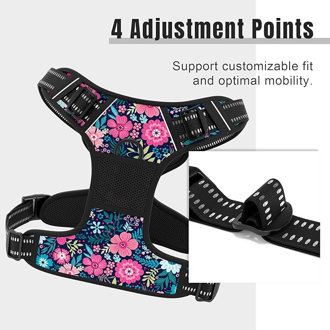 Rnivvi No Pull Dog Harness, Cute Flower Reflective X-Large Sized Puppy Harness, Adjustable Soft Padded Vest for Large Dogs, Heavy Duty Pet Vest with Easy Control Handle for Walking Training, Elegant