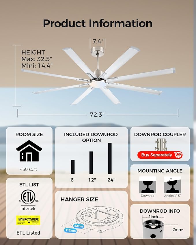 72In Brushed Nickel Aluminum Ceiling Fan with Light,Smart ceiling fan with Alexa and APP(via WIFI),6 Speed,3CCT,Quiet DC Outdoor Indoor fan for patio and Living Room