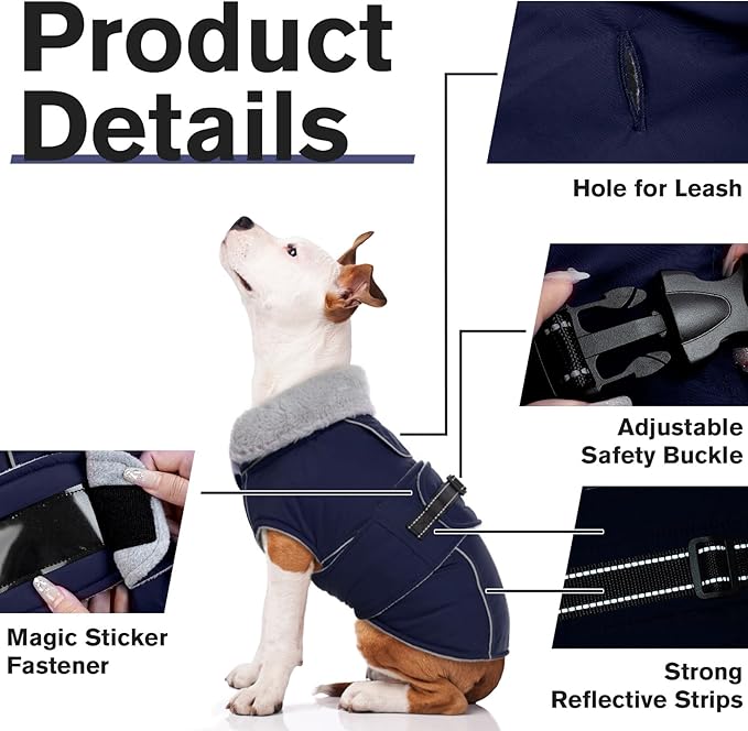 Lelepet Warm Dog Coat Reflective Fleece Vest Waterproof Dog Jacket with Adjustable Buckle Hook & Loop Windproof Cold Weather Coats for Small Medium Large Dogs, Navy Blue, L