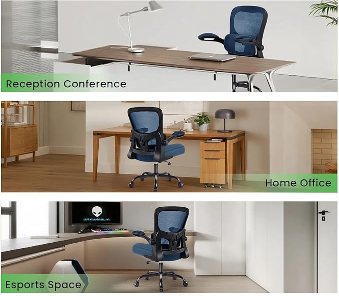 Ergonomic Office Chair, Comfy Desk Chair with Adjustable Lumbar Support, Mesh Computer Chair with Wheels, Flip-up Armrests, Swivel Rolling Executive Chair for Home Office, Gaming, Navy Blue