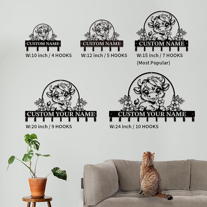 Personalized Highland Cow Metal Keys Hooks,Custom Name Metal Highland Cow Keys Hooks,Black Metal Highland Cow Wall Home Storage Decorative Keys Hooks,Key Holder Hooks for Wall (Style C)