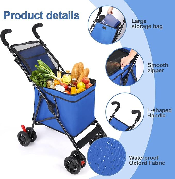 Wedyvko Pet Dog Stroller, 4 Wheel Foldable Cat Dog Stroller with Storage Basket, Handle 360° Front Wheel Rear Wheel with Brake for Small Medium Dogs & Cats (Blue)