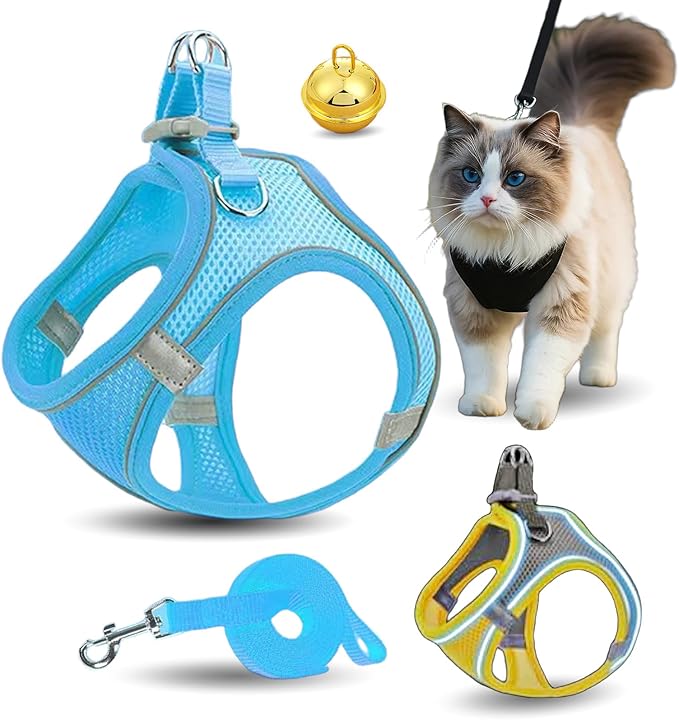 Stimulicat Cat Harness, Stimuli Cat Harness Design for Outdoor Cats, Adjustable Soft Mesh Vest Harness Escape Proof with Reflective Safety Strips, Allowing Cats to Safe (Blue, XXXS)