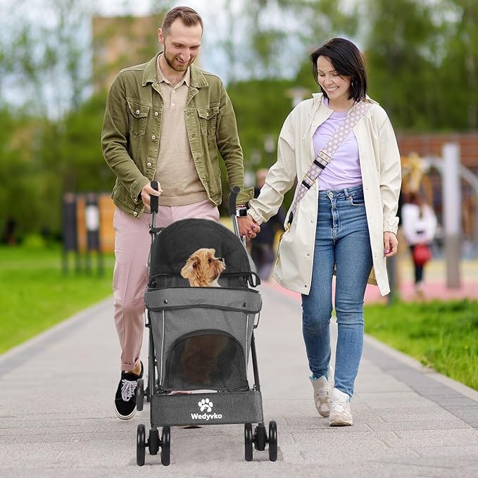 Wedyvko Umbrella Dog Stroller, Foldable Pet Stroller for Small Dogs Cats, with Carrying Strap and Cup Holder, Dog Poop Bags & Dispenser, Multicolor (Dark Grey)