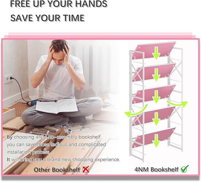 4NM 5 Tiers No Assembly Book Shelves, 51.2" H Folding Bookshelf Bookcase Open Industrial Foldable Shelves for Bedroom, Living Room, Home Office - Pink White