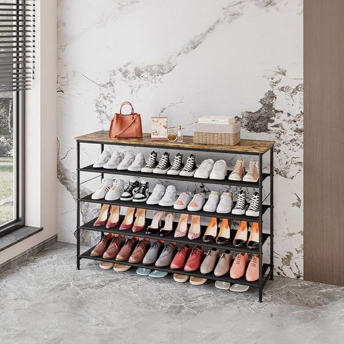 Shoe Rack Organizer 5 Tier Long Metal Organizer Shelf with Industrial MDF Board and Layer Fabric for Entryway Closet Bedroom Living Room Garage,Black & Rustic Brown