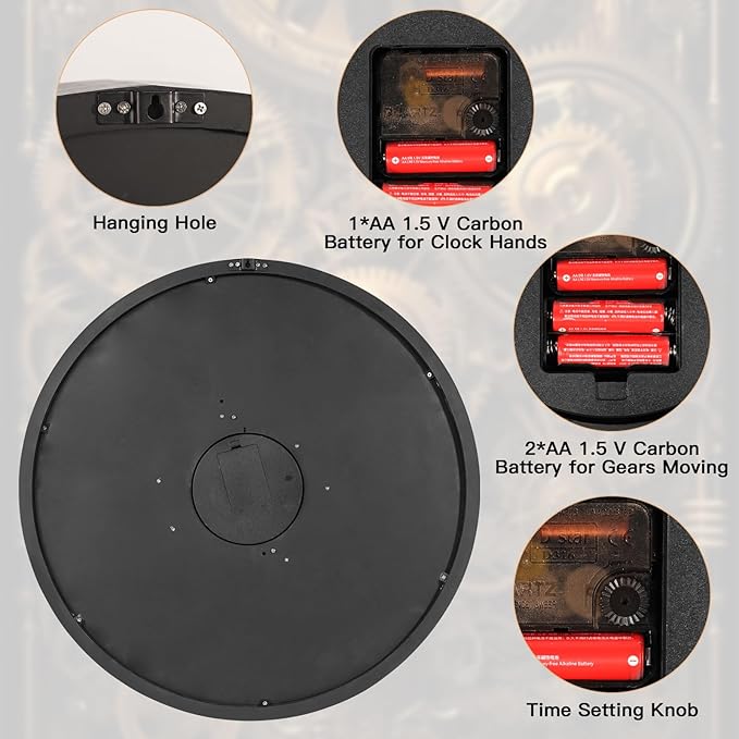 Wall Clocks for Living Room Decor, Large Real Moving Gears Clock, Vintage Industrial Oversized Rustic Farmhouse Kitchen Office Fireplace Wall Decor (Grey Black, 27 inch)