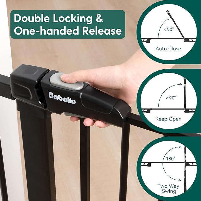 Babelio Metal Baby Gate, 29-48'' Auto Close Easy Install Dog/Pet Barrier, Extra Wide Walk Thru Child Safety Door, Pressure Mounted for Doorways & Stairs, with Y Spindle Rods, Black