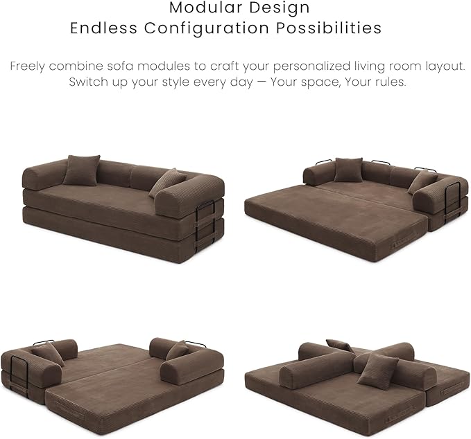Compression Sofa - 79'' Convertible Sofa Bed, Boneless Couch in a Box, Modular Corduroy Foldable Sleeper Sofa with 2 Pillows, Loveseat Couches for Living Room (Corduroy Fabric, Brown)