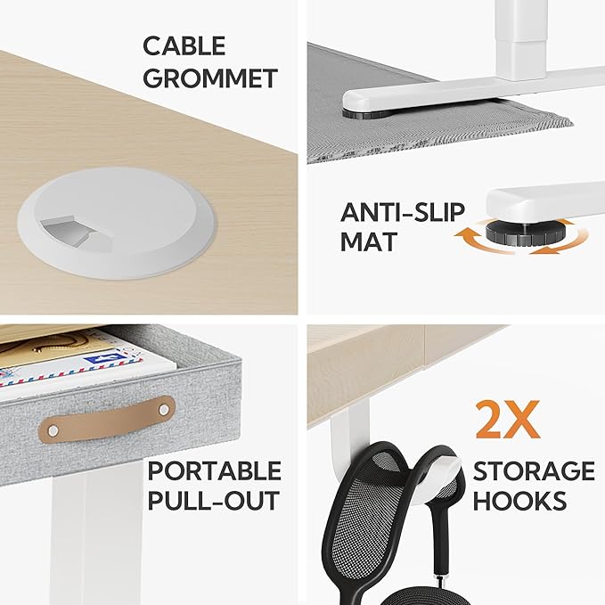 Seang Standing Desk with Drawer, 55" x 24" Height Adjustable Stand Up Desk, 3 Memory Height Settings with Cable Grommets & Storage Hooks, Ideal for Home & Office, Nature