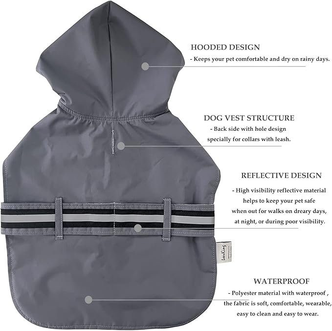LeerKing Raincoat for Dogs - Hooded with Leash Hole, Waterproof Double Layer Coat Jacket with Lining, 10 Sizes for Small Medium and Large Dogs,Grey,XL