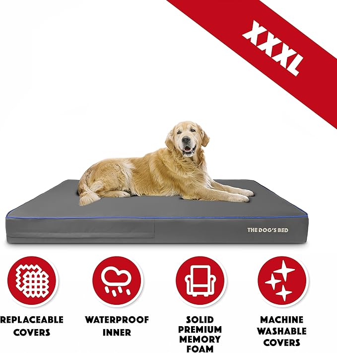 The Dog’s Bed Orthopedic Memory Foam Dog Bed, XXXL Grey/Blue 64x44, Pain Relief for Arthritis, Hip & Elbow Dysplasia, Post Surgery, Lameness, Supportive, Calming, Waterproof Washable Cover