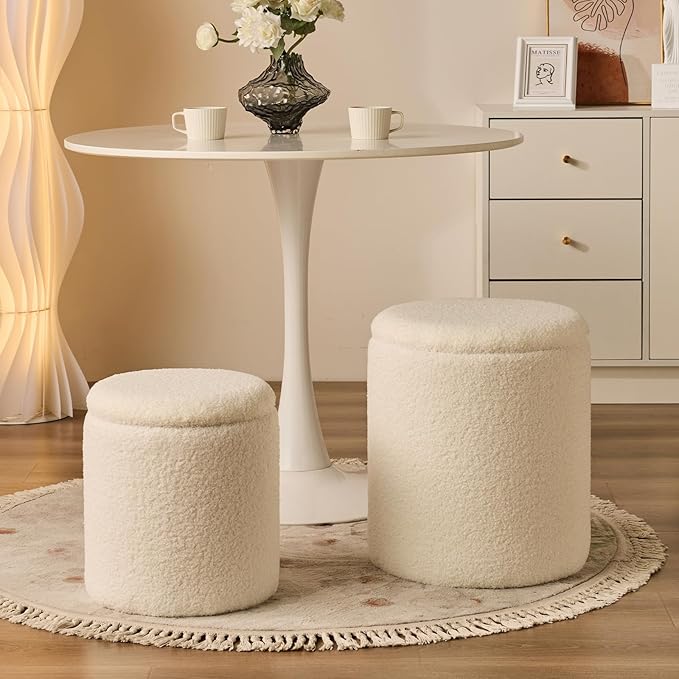 Round Ottoman with Storage Set of 2-Upholstered Sherpa Vanity Stool for MakeupMultifunctional Ottomans Coffee Table Padded Seat Foot Rest for LivingRoom&Bedroom(Sherpa White)