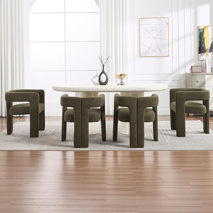 Modern Dining Chairs Set of 4, Upholstered Side Chairs Sherpa Fabric Guest Chairs with Barrel Backrest Armchair for Dining Room Living Room, Green