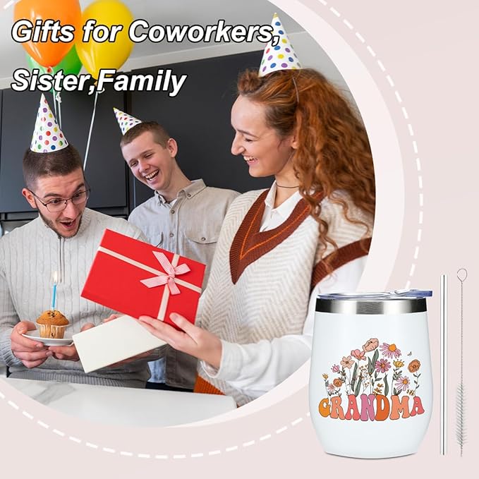 Grandma Gifts Wine Tumbler 12 oz Insulated Wine Glass Cup with Lid Straw Vacuum Travel Cup,Grandma Birthday Gifts Mothers Day Retirement Thank You Gift for Women Friend Mothers Day Christmas