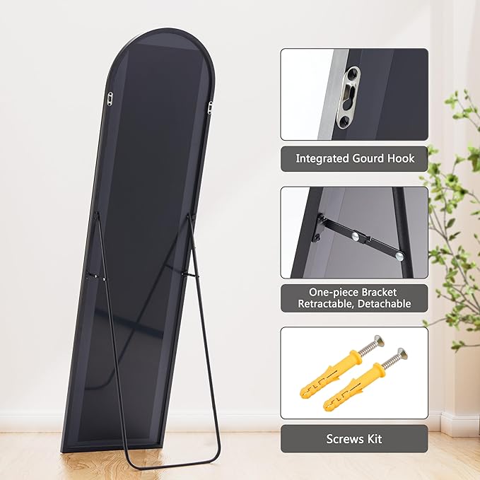 Arched Full Length Mirror, Floor Mirror with Stand, 59"x16" Mirrors for Home Decor, Full Length Body Floor Mirrors, Wall Mounted Mirror for Bedroom, Living Room, Black