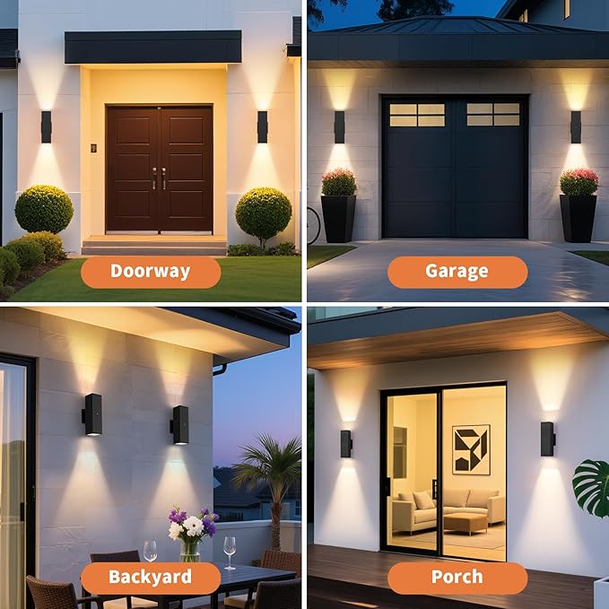 Dusk to Dawn Outdoor Lighting, LED Square Up and Down Outdoor Sconce Lights, Matte Black Exterior Lighting Fixtures with 7W LED Bulbs, Front Porch Lights for house, Garage, Patio, Doorway, 4 Pack