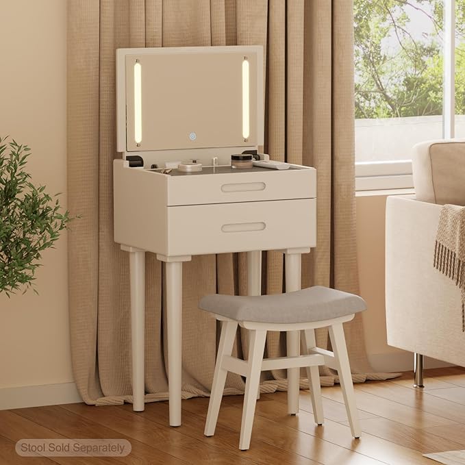 Solid Wood Small Vanity Desk with Mirror and Lights, Narrow Makeup Vanity for Small Space, Flip Top Vanity Side Table, 3 Color Modes & Adjustable Brightness, 19.6" Slim Dressing Table, White