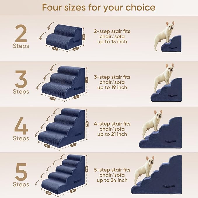 PAWSCART Dog Stairs for Small Pets, 22.8" H with 30D Material Soft Foam, Portable Ramp Non-Slip Surface Non-Slip for Couch and High Bed Climbing, 5-Step Stairs for Cat or Dog, Blue