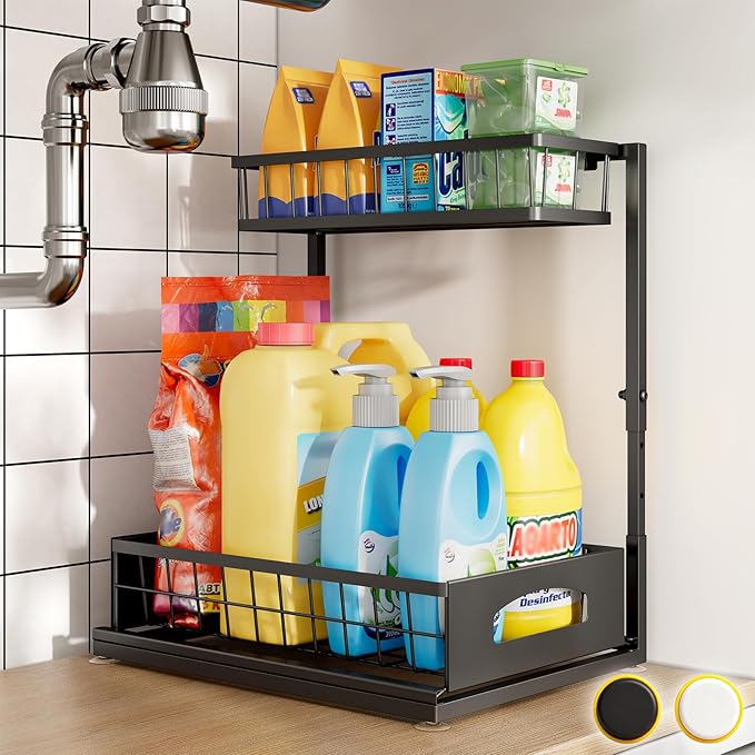 Under Sink Organizer and Storage, Height Adjustable Cabinet Organizer with Slide Out Drawer, Pull Out Under Sink Storage, Multi-Purpose 2 Tier Sink Shelves for Kitchen Bathroom Pantry (Black, 1 Pack)