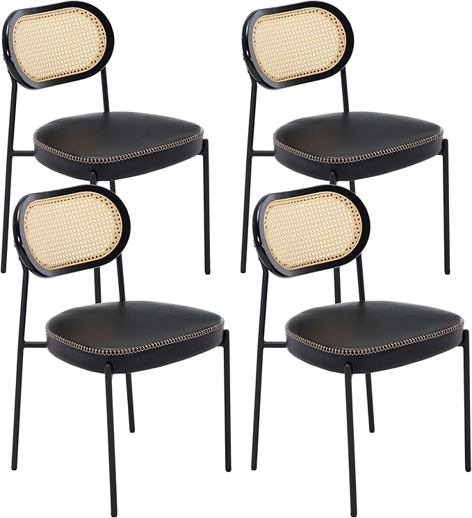 Rattan Dining Chairs Set of 4, Leather Upholstered Dining Chairs with Rattan Cane Back, Mid Century Modern Dining Room Chairs with Black Metal Legs & D-Shaped Thicken Cushion, Black
