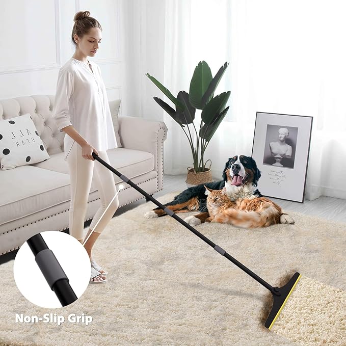B-Land Carpet Rake for Pet Hair Removal, Reusable Pet Hair Remover with 60” Adjustable Long Handle, Carpet Scraper Dog Cat Hair Remover Tool for Rugs, Mats, Couch, Furniture-Black Pole