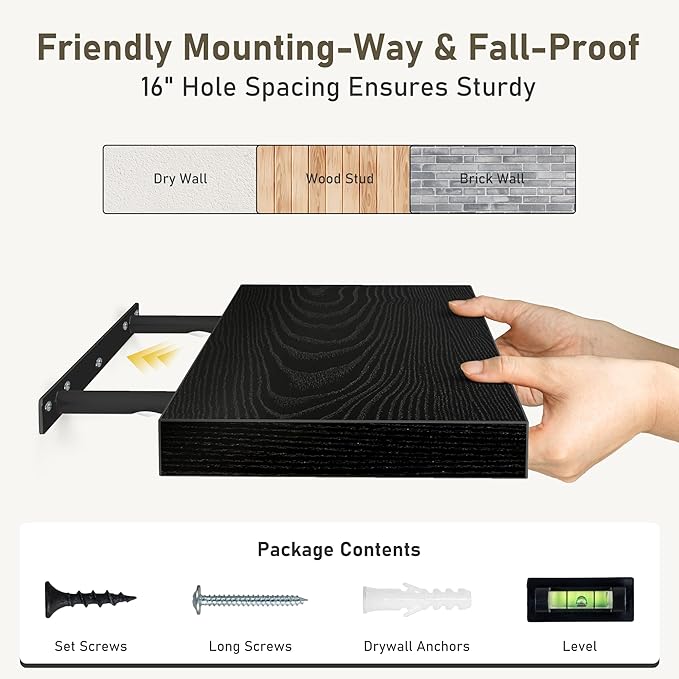 Fun Memories 30 Inch Floating Shelves Set of 3, Farmhouse Black Wall Shelves for Kitchen, Living Room, Wall Mounted Bathroom Shelves in Black, 30 x 6.7 x1.4 Inch