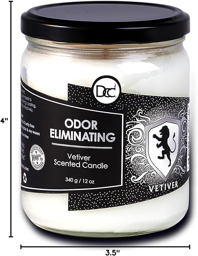 Vetiver Odor Eliminating Highly Fragranced Candle - Eliminates 95% of Pet, Smoke, Food, and Other Smells Quickly - Up to 80 Hour Burn time - 12 Ounce Premium Soy Blend