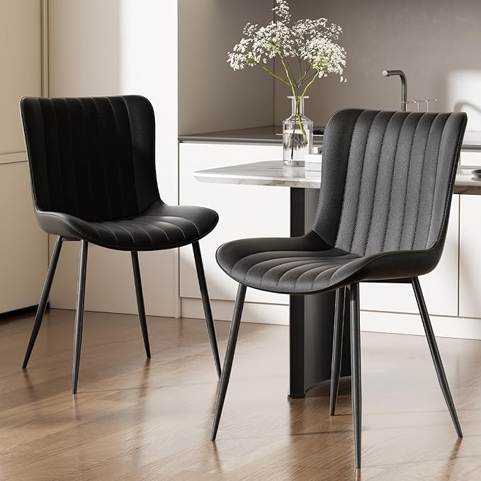Dining Chairs, Modern Dining Room Chair 16 inch Leather with Wooden and Metal Frame, Set of 2 (Black)