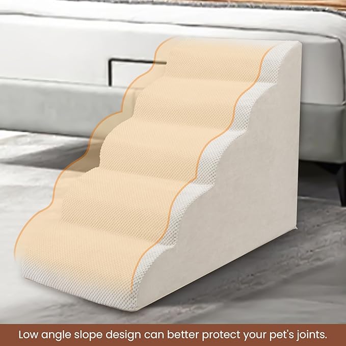 5 Steps Dog Stairs for Bed, 24" Dog Steps for High Bed, High Density Pet Steps for Small Dogs, Extra Wide Non-Slip Dogs Ramp for Injured, Older Pets, Small Cats, White