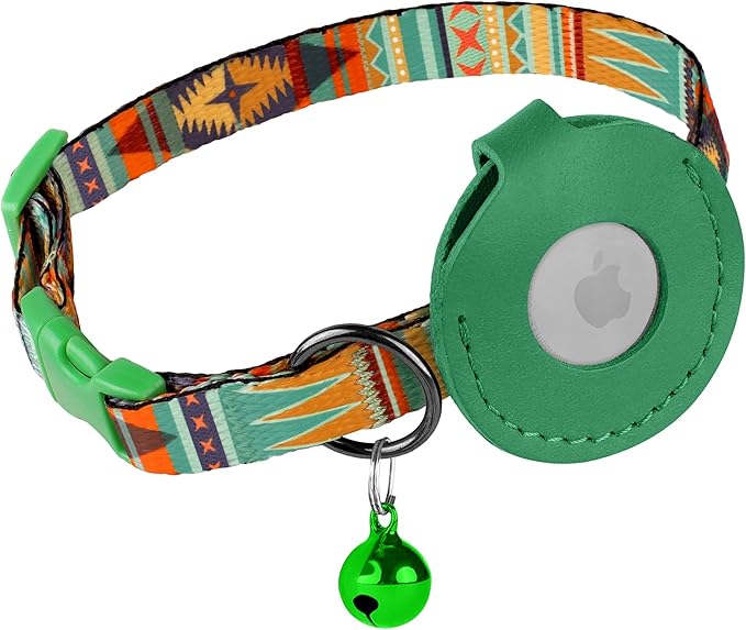 Airtag Cat Collar with Bell - Non Breakaway Soft Pet Collar with Leather Air Tag Holder - Adjustable GPS Anti-Lost Collars for Girl Boy Cats Kitten Puppies, Lightweight and Patterned (Mexican Green)