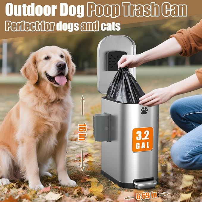 Dog Poop Trash Can Outside with Odor Control Lid & Step Pedal, 3.2Gal Stainless Steel Outdoor Trash Can, Waterproof Dog Waste Container - Includes 3 Carbon Filters & Bin Bag Holder