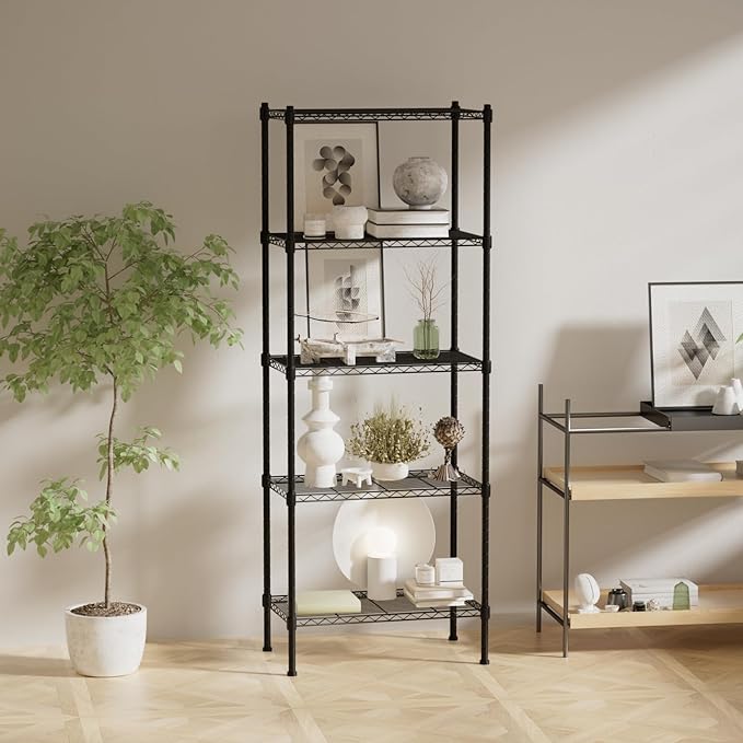 5 Tier Shelving Unit, 176 LBS Per Shelf Height Adjustable Narrow Storage Shelves, Heavy Duty Metal Garage Metal Shelves for Kitchen, Restaurant, Pantry, Laundry, 23"x 13.4"x 59", Black