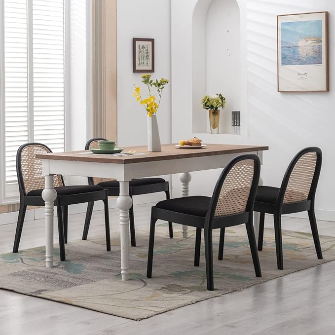 LukeAlon Modern Sherpa Dining Chairs Set of 4, Natural Woven Rattan Cane Back Side Chairs with Solid Wood Legs Mid Century Dinner Chairs for Kitchen Living Room, Black
