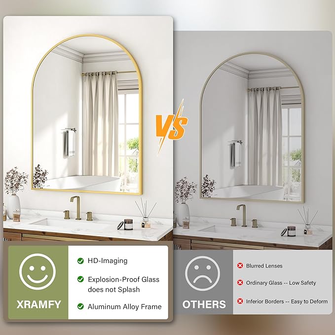 32"x48" Arched Bathroom Mirror with Aluminum Frame Arched Wall Mounted Vanity Mirror for Entryway, Bedroom, Living Room, Gold