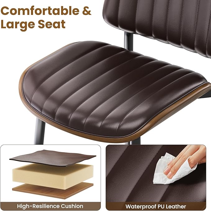 Dining Chairs Set of 8, Mid Century Modern Dining Room Kitchen Chairs, Upholstered PU Leather Vertical Stripe Chairs for Vanity with Walnut Bentwood and Metal Legs, Brown