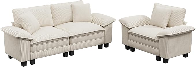 PHI VILLA Cloud Modular Couches Sets, 2 Pieces Sectional Sofa Set with Loveseat, 3-Seater Comfy Couch for Living Room Apartment, Corduroy Fabric, Beige