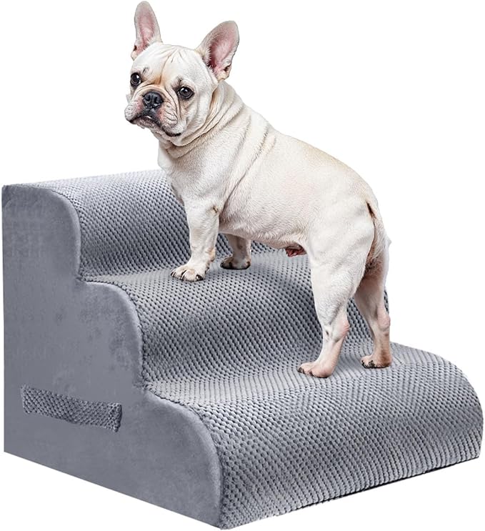 PAWSCART Dog Stairs for Small Pets, 17.7" H with 30D Material Soft Foam, Portable Ramp Non-Slip Surface Non-Slip for Couch and High Bed Climbing, 3-Step Stairs for Cat or Dog, LightGrey